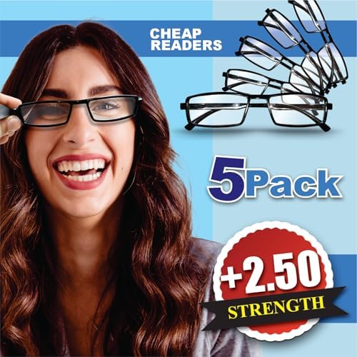 Reading Glasses for Men & Women, 5 Pack Cheap Readers, Black Rectangular Frames