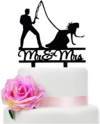 YzYbuaego Fishing Wedding Cake Topper, Black Mr & Mrs Cake Topper, Fishing Theme Wedding/Engagement/Bridal Shower Decoration (Couple)