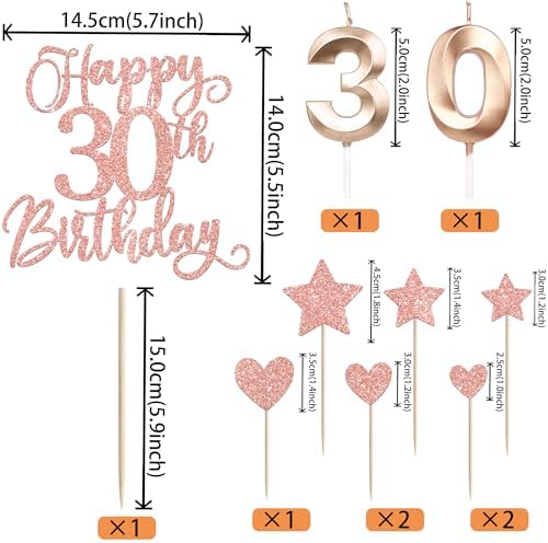 13 PCS Happy 30th Birthday Cake Toppers with Heart Star Glitter Cheers to 30 Years Birthday Cake Picks Number 30 Candles Cake Decorations for Happy 30th Birthday Anniversary Party Supplies Rose Gold