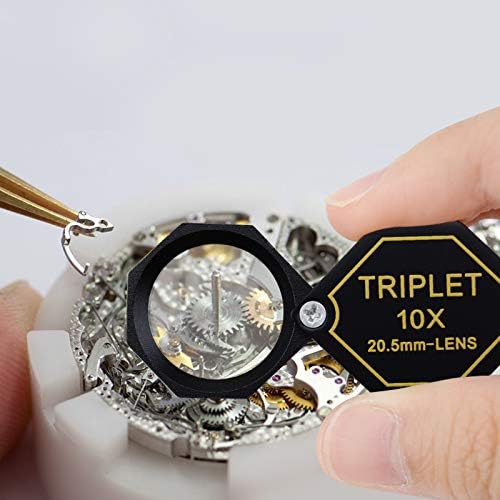 10x Magnifier Jewelry Loupe 20.5mm Triplet Lens Optical Glass Pocket Gem Magnifying Tool for Jeweler, Stamp Philatelist, Coin Numismatic, Achromatic Black Hexagonal Design Kit Set