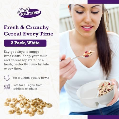 2 Pack - Just Crunch Anti-Soggy Cereal Bowl - Keeps Cereal Fresh & Crunchy | BPA Free | Microwave Safe | Ice Cream & Topping, Yogurt & Berries, Fries & Ketchup and More – White