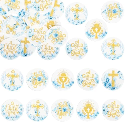 Gyufise 48Pcs Edible Baptism Cupcake Toppers Wafer Paper God Bless Cross Cupcake Picks First Holy Communion Christening Confirmation Religious Cupcake Picks for Baptism Party Decorations Blue