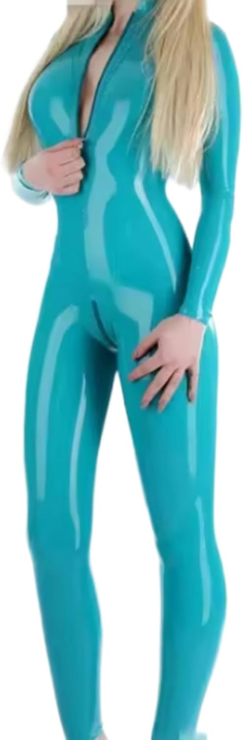 Latex Rubber Catsuit Front Zipper Uniform Halloween Masquerade Handmade Custom Cosplay Light Blue