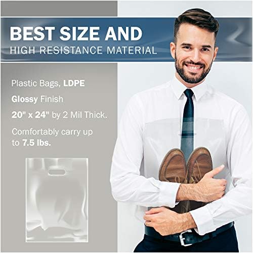 20x24 Clear Plastic Merchandise Bags, Glossy Finish, Extra Large Retail Size, 100 Pack, 2 Mil Thick, with Die-Cut Handles by PPB
