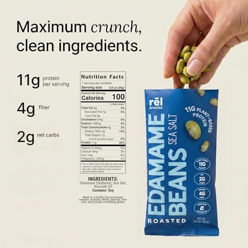 Rel Snacks Sea Salt Roasted Edamame Beans – High Protein, Low Carb Snack (11g Protein) – Keto, Vegan, Non-GMO – Made with Avocado Oil – 10 Pack, 0.9 oz