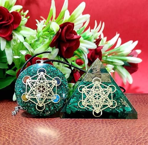 Metatron Grid Green Malachite Orgone Pyramid & Metatron’s Cube Merkaba With 7 Chakra Crystals Orgone Pendant Positive Energy Generator Aura Cleansing Reiki Chakra Healing Yoga Meditation