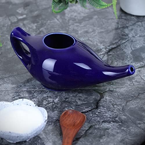 Qimacplus Leak Proof Durable Porcelain Ceramic Neti Pot Hold 230 Ml Water Comfortable Grip with 10 Sachet Neti Salt | Eco Friendly Natural Treatment for Sinus & Congestion (Blue)