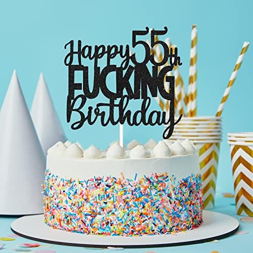 Happy 55th Birthday Cake Topper - Funny Black Glitter 55 & Fabulous Party Supplies For Men - Cheers to 55 Years Party Cake Decoration