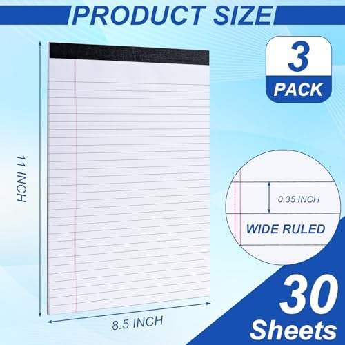3 Pack Legal Pads 8.5 x 11, Notepads 8.5 x 11 Inch, 30 Sheets/Pack,White Note Pads Clear Print Writing Pads,Wide Ruled Legal Notepads,Lined Paper Pads,Sturdy Back for School,Home,Office,Business