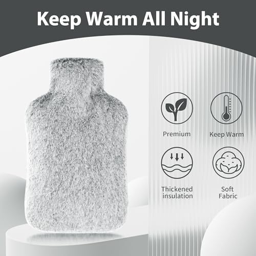 Hot Water Bottle with Luxury Cosy Faux Fur Cover, 2L Leakproof Hot Water Bag for Neck, Shoulder Pain Relief, Hot and Cold Therapies for Women,Men, Gray