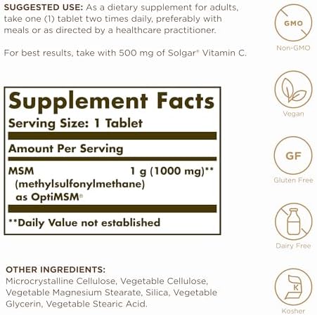 Solgar MSM 1000 mg - 120 Tablets, Pack of 2 - Supports Joints & Connective Tissue - Non-GMO, Vegan, Gluten Free, Dairy Free, Kosher - 240 Total Servings