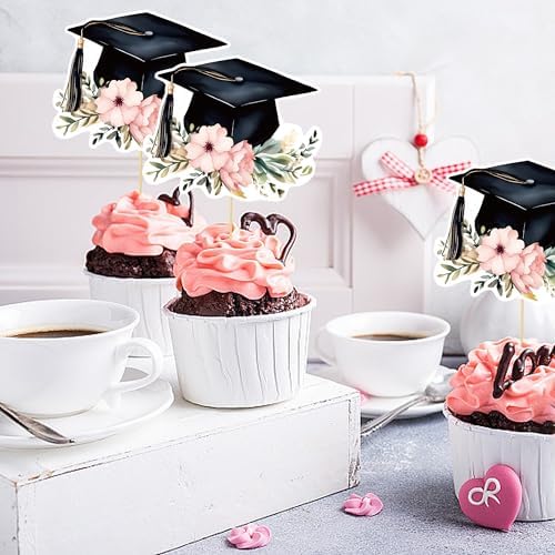 24PCS Graduation Hat Cupcake Toppers Wafer Paper Class of 2026 Grad Cap Cupcake Picks for 2026 Graduation Theme Party Cake Decorations Supplies