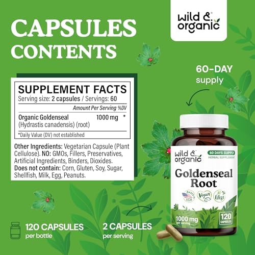 Wild & Organic Goldenseal Root Capsules 1000mg - Immune & Lung Support - 120 Goldenseal Powder Capsules - 2 Month Supply - Vegan, No Fillers, Non-GMO