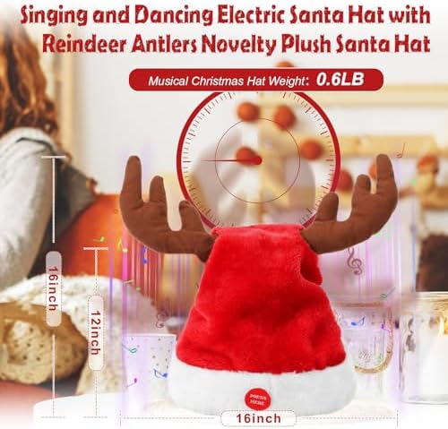 SdeNow Interactive Dancing Musical Santa Hats with Swinging Reindeer Antlers, Funny Electric Singing Christmas Hat for Party Decor Adults and Kids