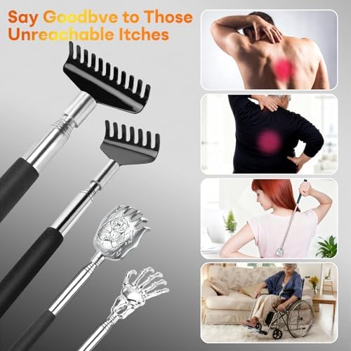 Oversized Back Scratcher Gift Set, 4 Pack Portable Extendable Stainless Steel Telescoping Massage Tool, Gift/Stocking Stuffers for Men Women