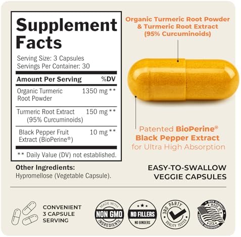 Turmeric Curcumin with Black Pepper Extract 1500mg - High Absorption Ultra Potent Turmeric Supplement with 95% Curcuminoids and BioPerine - Non GMO Tumeric Capsules for Joint Support - 90 Capsules