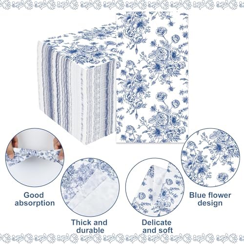 50 Pack Blue Floral Paper Napkins Blue Flower Guest Napkin Disposable 3 Ply Decorative Floral Hand Towels Dinner Napkins for Bridal Shower Baby Shower Wedding Birthday Dinner Party Supplies