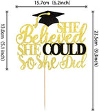 1 PCS She Believed She Could So She Did Cake Topper with Glitter Grad Cap Cake Pick Class of 2026 Senior Graduation Cake Decoration for 2026 Graduation Theme Party Decorations Supplies Black Gold