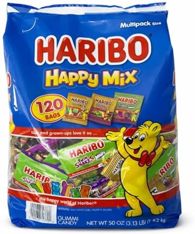 HARIBO Happy Mix Gummy Variety Pack, 120 Mini Bags (50 oz) – Goldbears, Twin Snakes & Wild Berry, Individually Wrapped Bulk Candy