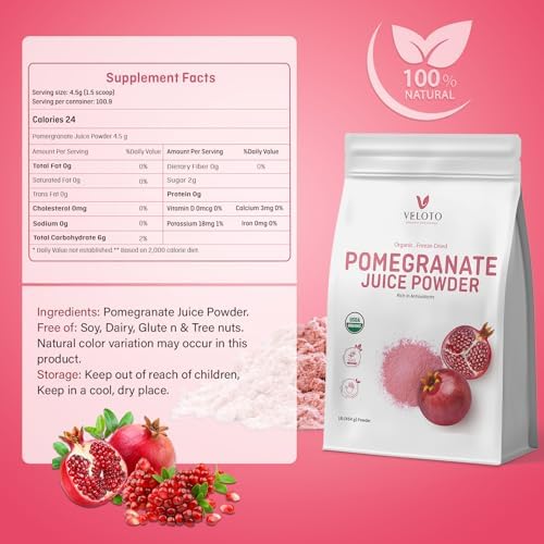VELOTO Organic Pomegranate Juice Powder, Pure Pomegranate -Fruit Freeze Dried Powder, Natural Vitamin C Vegan Sweetener Superfoods for Smoothies, Yogurt & Shake, Gluten Free, Non GMO, 1 lb