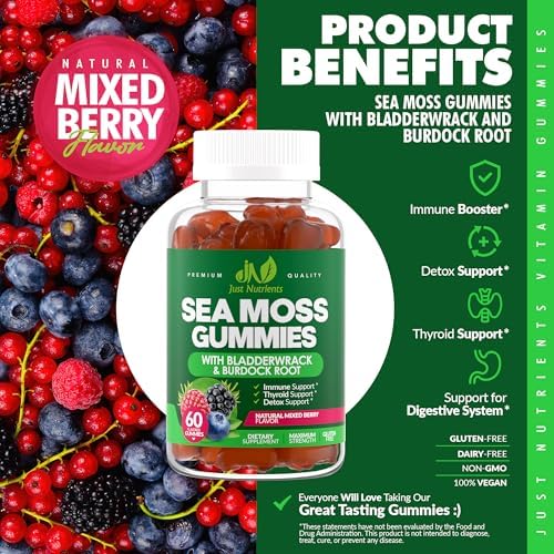 Sea Moss 3000mg Gummies with Bladderwrack and Burdock Root - Natural Irish Sea Moss Superfood for Immune, Thyroid and Detox Support - Extra Strength for Men & Women - Gluten-Free, Vegan - 60 Gummies