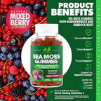 Sea Moss 3000mg Gummies with Bladderwrack and Burdock Root - Natural Irish Sea Moss Superfood for Immune, Thyroid and Detox Support - Extra Strength for Men & Women - Gluten-Free, Vegan - 60 Gummies