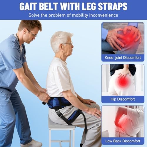 Rhino Valley Gait Belt with Leg Straps, Transfer Belts with 7 Handles, Gate Belts Medical for Elderly, Lifting Belt for Bariatric, Handicap, Physical Therapy Equipment, Blue & Black
