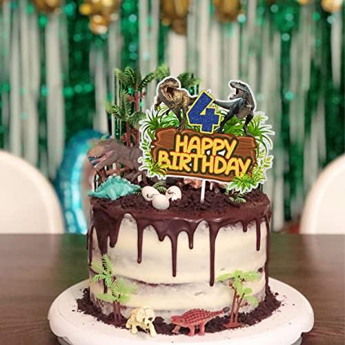 ChienMin Dinosaur Happy 4th Birthday Cake Topper - Dino Jungle Jurassic Party Decor - Multi-layer Combination Dinosaur Park Cake Decor for Kids Boy Birthday - Gold