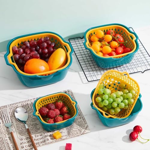 LemonRoad 8 Pcs Drain Colander Bowl Set Fruits and Vegetable Washing Strainer Detachable Double-layer Plastic Kitchen Food Basket, Kitchen Essential Gadgets (Orange, Green)