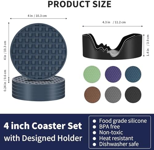 4 Inch Drink Coasters Set of 6, Blue Silicone Heat-Resistant Waterproof Non-Slip Cup Mats, Flexible Table Protectors for Coffee Mugs & Beverage Cups, Ideal for Home Kitchen Office Use
