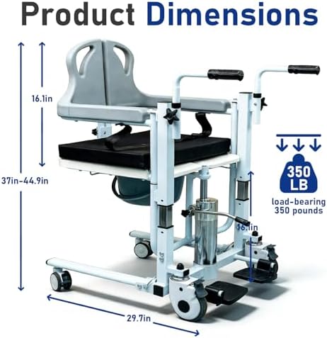 Hydraulic Patient Transfer Lift Chair, Height Adjustable Patient Lifting and Transfer Chair 4 in 1 Shower Chair, Heavy Duty Steel Frame, 350 lbs Capacity for for Elderly, Bed to Toilet (Grey)
