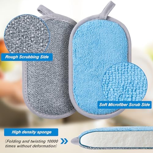 Dual-Sided Multi-Purpose Scrub Sponges, Non-Scratch Dishwashing Sponges for Kitchen, Reusable Microfiber Sponge for Efficiently Cleaning Dishes, High Density Sponge Inside (6 Pack, Medium)