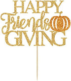 Happy Friends Giving Cake Topper - Thanksgiving Cake Decorations, Give Thanks, Friends Harvest Maple Pumpkin Holiday Party Supplies Gold Glitter