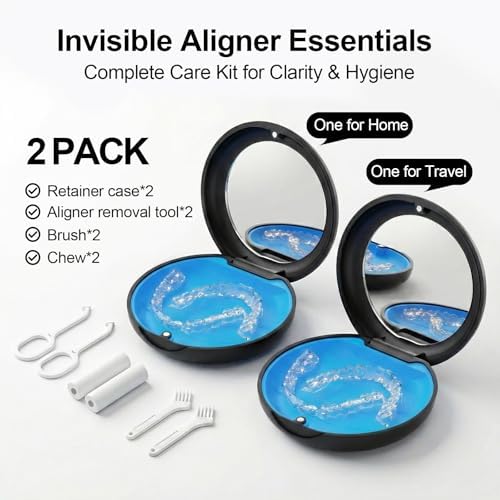 2 Pack Retainer Case with Mirror, Magnetic Aligner Case Compatible with Invisalign, Portable Slim Orthodontic Storage Kit for Clear Aligners - Black