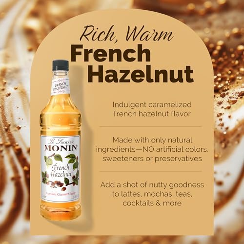Monin - French Hazelnut Syrup, Nutty Flavor with Rich Caramelized Notes, Great for Coffee, Milkshakes, and Dessert Cocktails, Gluten-Free, Vegan, Non-GMO (1 Liter)