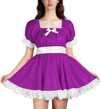 PVC Puff Sleeve A-line Dress with Lace Trim Cute Lolita Style Outfit Cosplay Pleated Dress