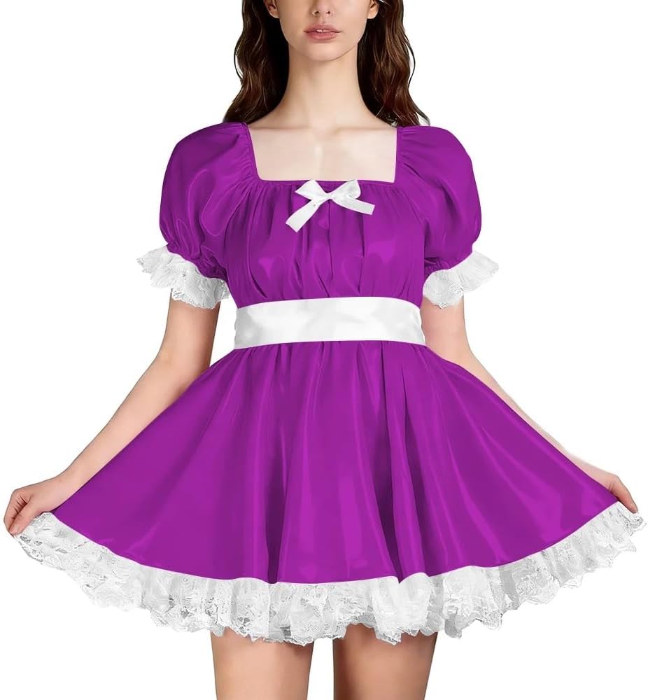 PVC Puff Sleeve A-line Dress with Lace Trim Cute Lolita Style Outfit Cosplay Pleated Dress