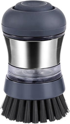 Stainless Steel Soap Dispensing Palm Brush for Pans & General Kitchen Dish Scrub | Grey Bristles | Dishwasher Safe