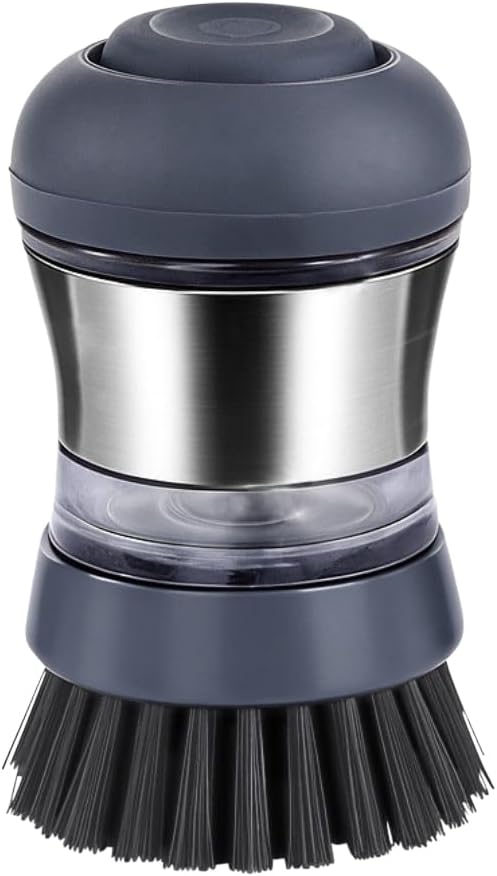 Stainless Steel Soap Dispensing Palm Brush for Pans & General Kitchen Dish Scrub | Grey Bristles | Dishwasher Safe