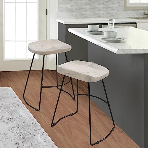 TIVA 24-Inch Handcrafted Backless Counter Height Stool, Whitewashed Mango Wood Saddle Seat, Black Metal Base