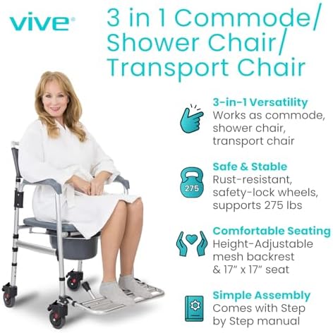 Vive Commode Shower Chair with Wheels - 3-in-1 Bathroom & Bedside Wheelchair for Seniors, Adults, Elderly, Disabled, Handicap - Rolling Toilet Transfer Seat w/Arms, Footrest, & Removable Bucket