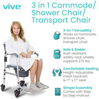 Vive Commode Shower Chair with Wheels - 3-in-1 Bathroom & Bedside Wheelchair for Seniors, Adults, Elderly, Disabled, Handicap - Rolling Toilet Transfer Seat w/Arms, Footrest, & Removable Bucket