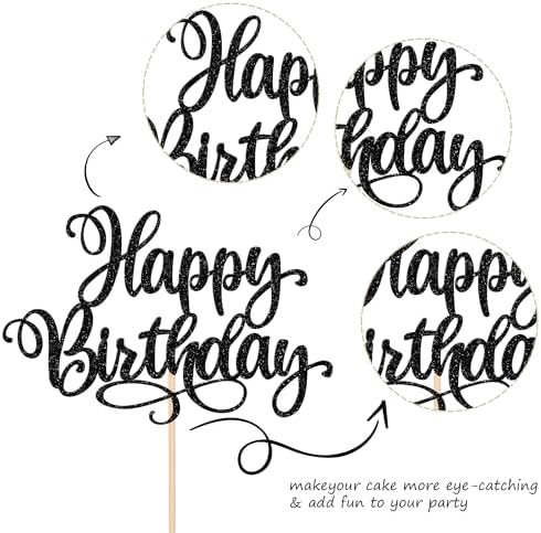 ZHUOWEISM 1 PCS Happy Birthday Cake Topper Glitter Happy Birthday Cake Pick Bunting Decor for Anniversary Celebrating Happy Birthday Party Cake Decorations Supplies Black
