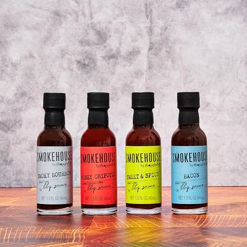 Smokehouse by Thoughtfully, Gourmet BBQ Sauce Sampler Set, Vegan and Vegetarian, Flavors Include Honey Chipotle, Smoky Bourbon, Sweet and Spicy, and Bacon BBQ Sauce, Pack of 4
