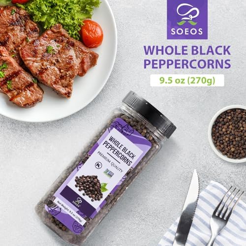 Soeos Whole Black Pepper, 9.5 Ounce (270g), Non-GMO, Kosher Certified, Whole Peppercorn Perfect for Grinder, Black Peppercorns Ideal for Red Meat, Chicken, Fish