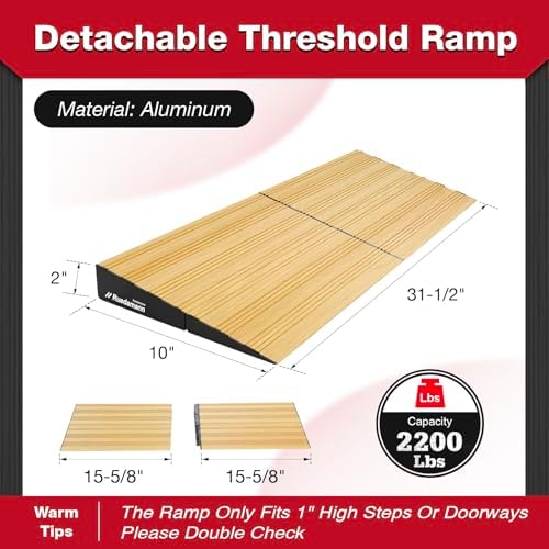 Ruedamann 2" Rise Modular Threshold Ramp for Doorways, 2200 lbs Capacity, Warm Light Wood Grain Door Threshold Ramp, Aluminum Non-Slip Door Ramps for Wheelchair, Walker, Scooter, Pets, 2 Pcs