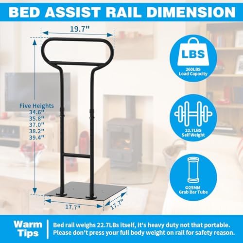 THOOUM Bed Rails for Elderly Adults Safety, Adjustable Bed Cane for Elderly, Heavy Duty Stand Assist Railing for Seniors, for Couch, Chair, Full, Twin Bed (260LBS Loading, 5 Heights, Black)