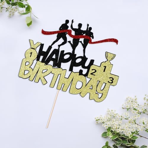 Black gold Sports Marathon Happy Birthday Cake Topper - Marathon Running Birthday Party Supplies - Cross Country Party Cake Topper Decoration For Female Male