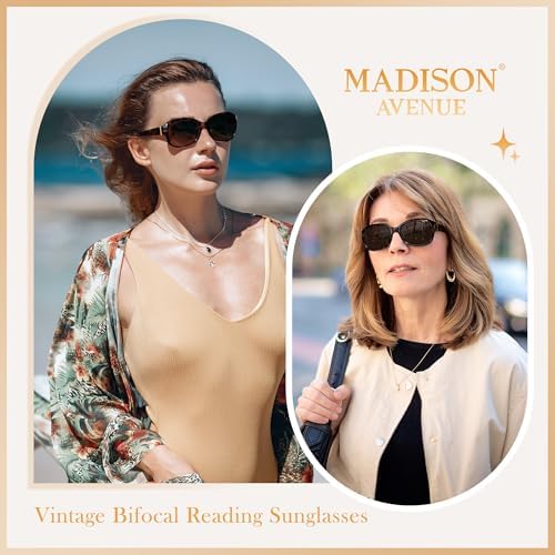 Madison Avenue Vintage Square Bifocal Reading Sunglasses for Women, Classic Sun Reader Glasses Womens UV400 Protection