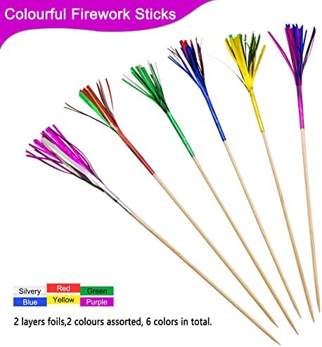 BLUE TOP Cocktail Picks Wood Foil Firework Cake Picks 9 Inch 100 PCS,Cupcake Toppers for Cakes Decoration, Children's Day, Party Suppliers,July 4th,Olymplic Games Celebration Party